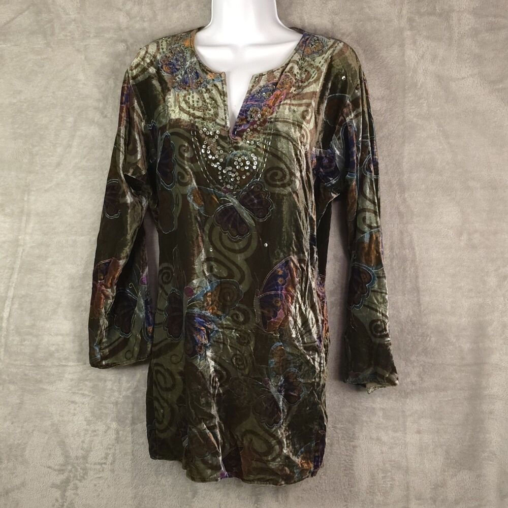 Velvet Butterfly Print Tunic Top Boho Embellished Long Sleeve Whimsical L
